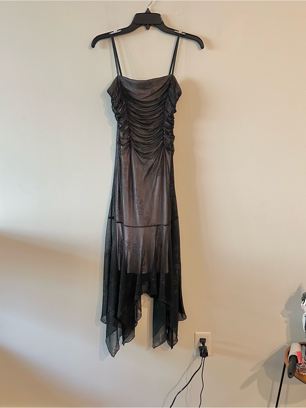 Vintage Y2K City Triangles Black Glitter Midi Dress Fairycore S Handkerchief